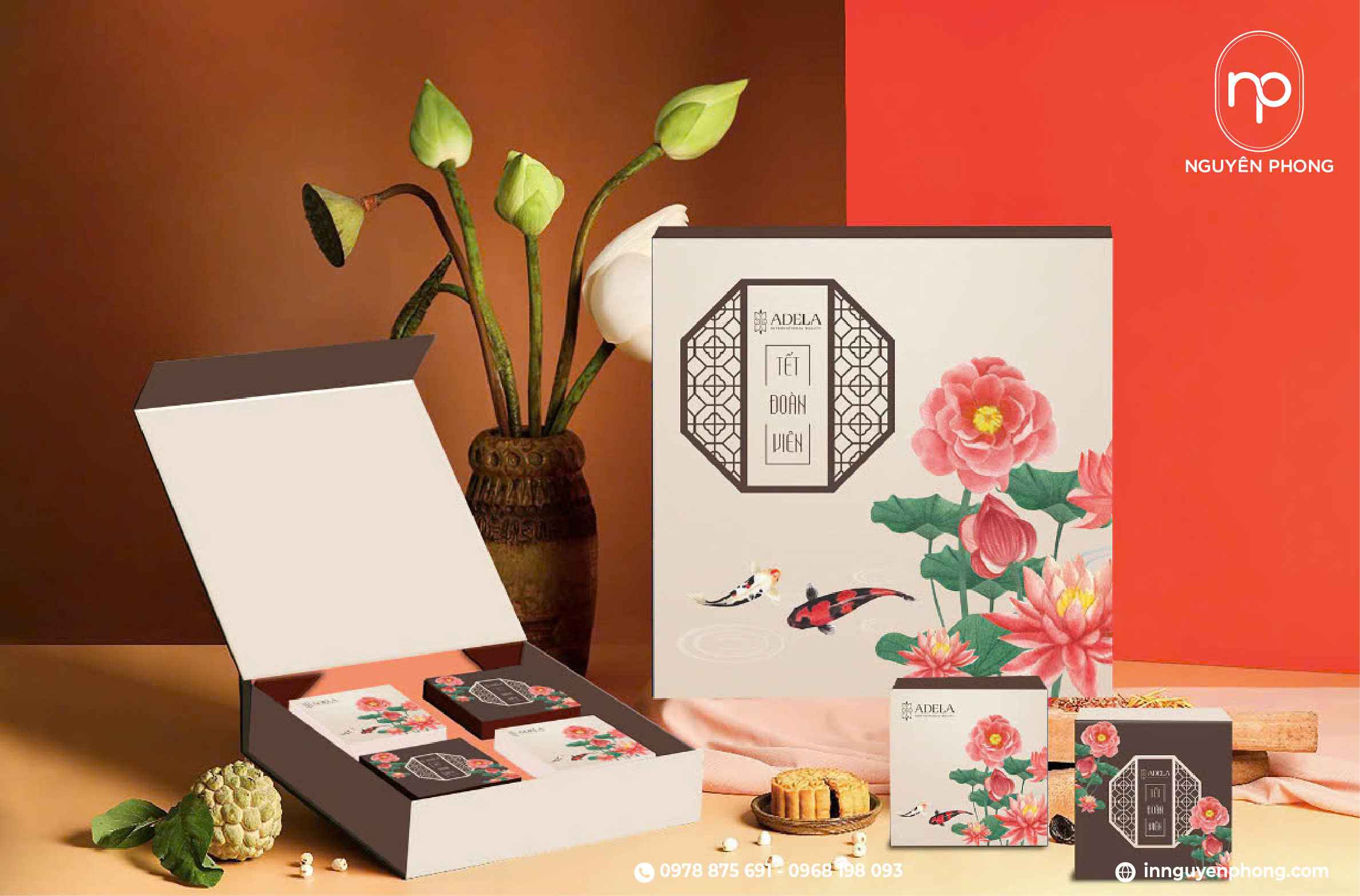 Mẫu trọn bộ bao bì họa tiết hoa sen
